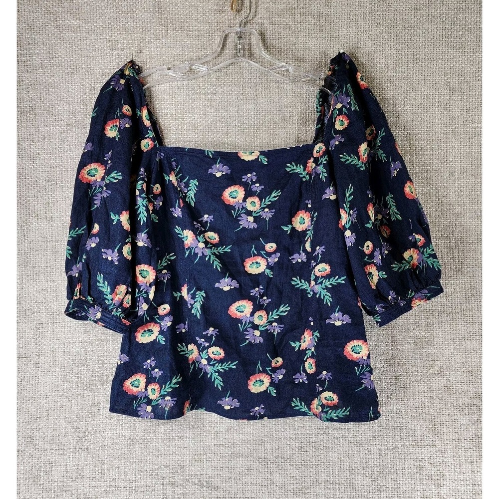 Polo‎ Ralph Lauren Women's Floral Linen Puff Sleeve Blouse Navy Size 14 EUC